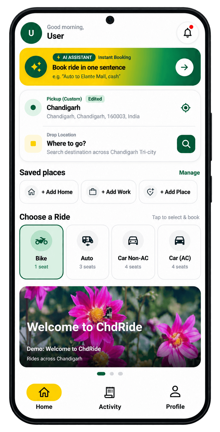ChandigarhRide rider app: choose pickup and drop, then pick Bike, Auto or Car